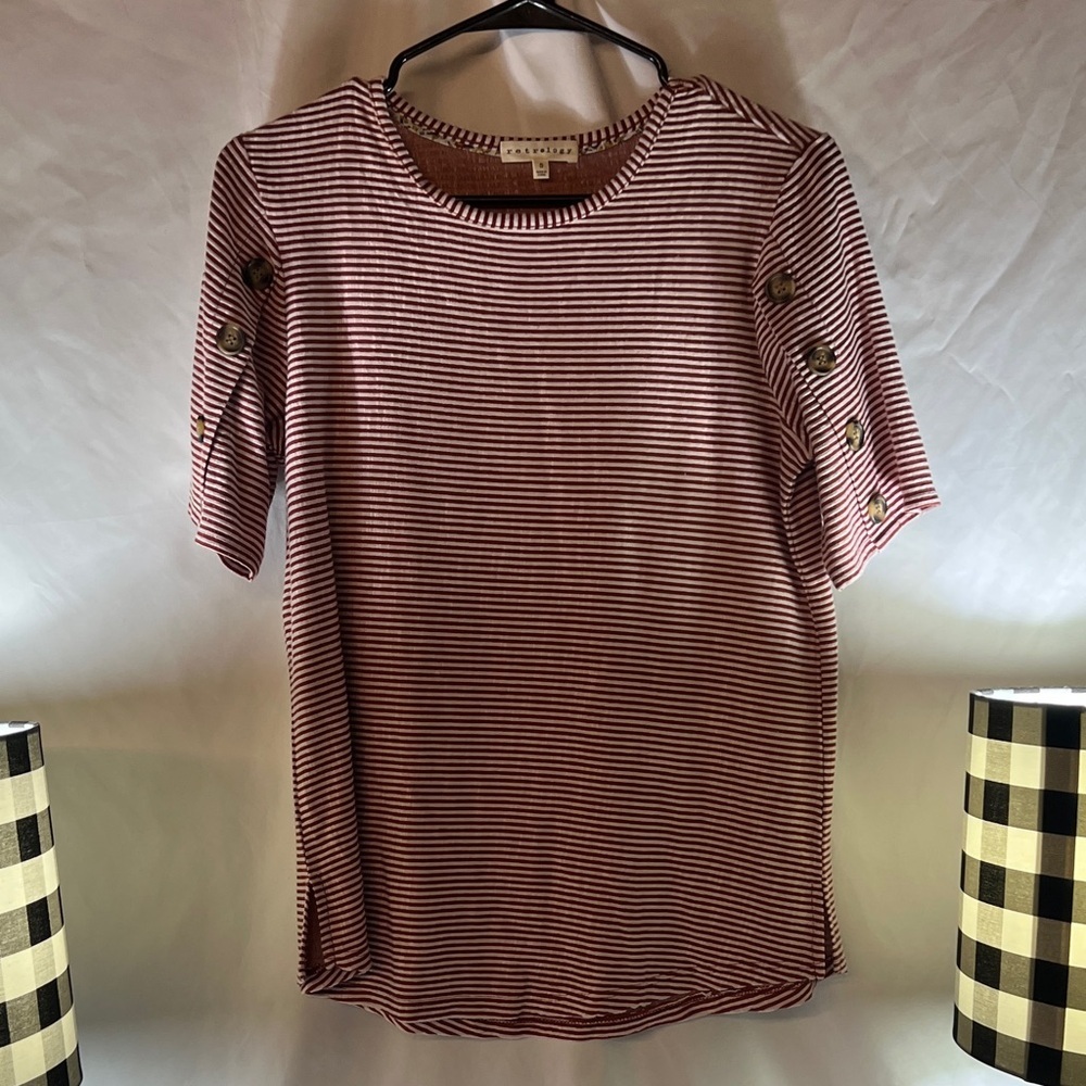 Red Striped Short Sleeve Top with Button Accents